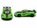 Green pull back racing sports car toy with stylish sporty design on white background