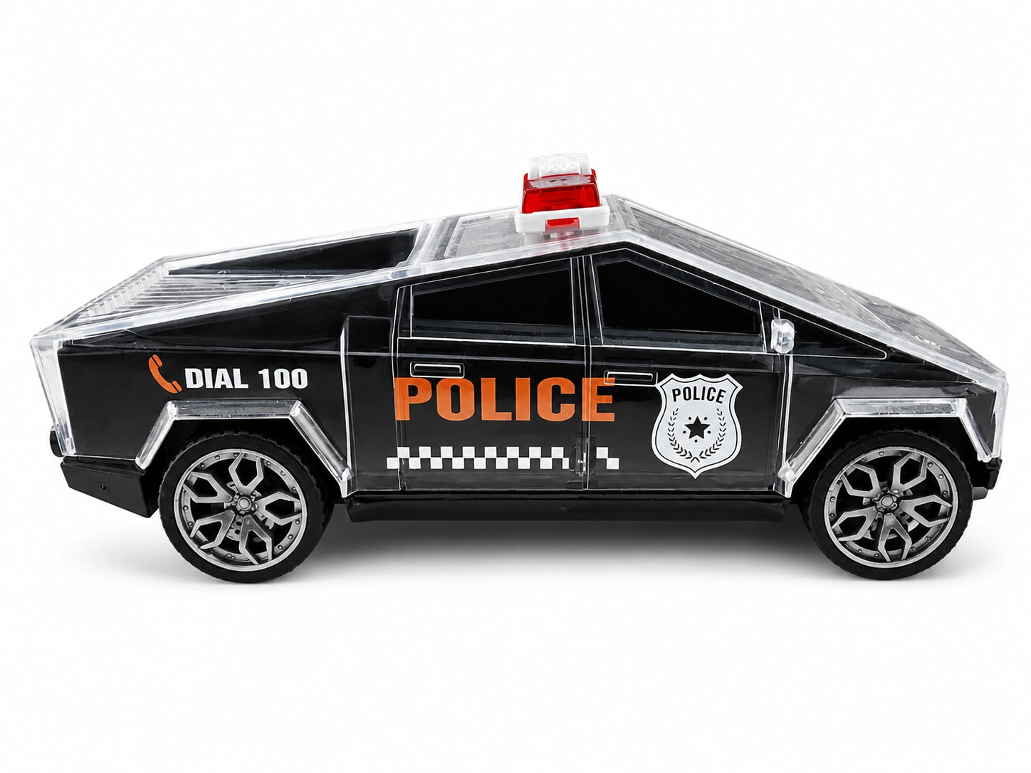 Transparent pickup police toy car with futuristic truck design on white background