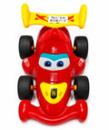 Cartoon style racing toy car in assorted random colors with cute eyes design on white background