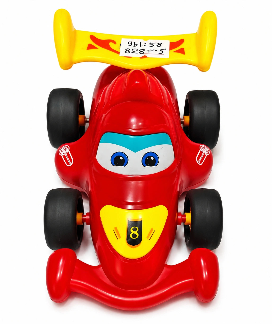 Cartoon style racing toy car in assorted random colors with cute eyes design on white background