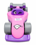 Cute cartoon racing toy car in assorted random colors with funny face design on white background