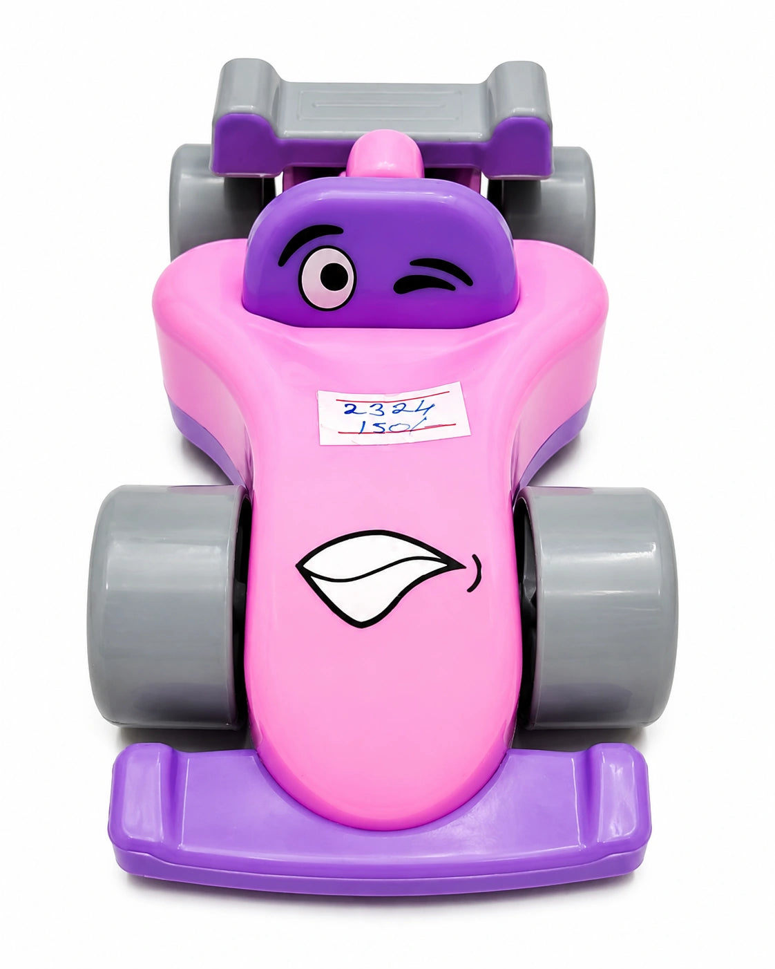 Cute cartoon racing toy car in assorted random colors with funny face design on white background