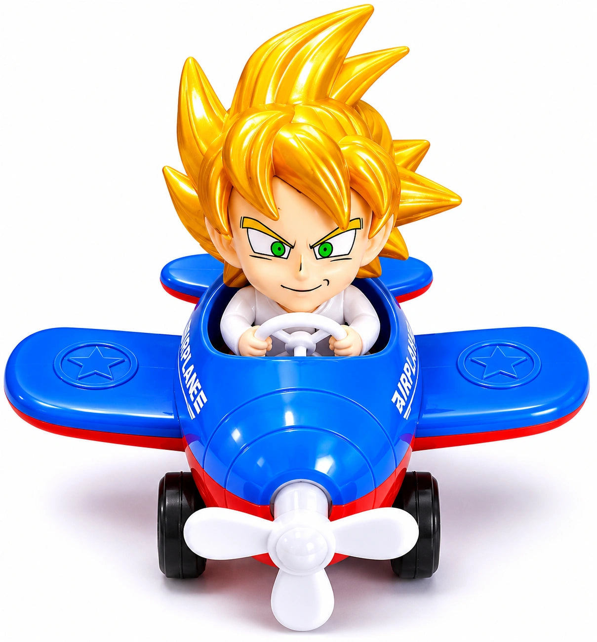 Cute cartoon airplane toy with anime pilot in assorted random colors on white background