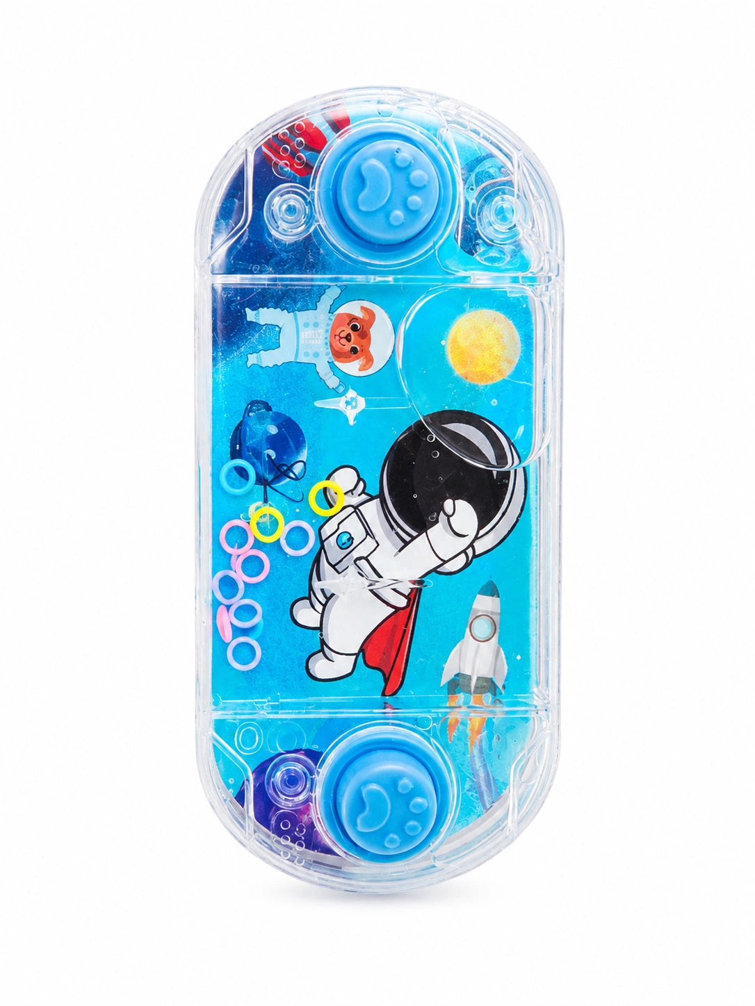 Space themed handheld water ring toss game toy with astronaut design on white background