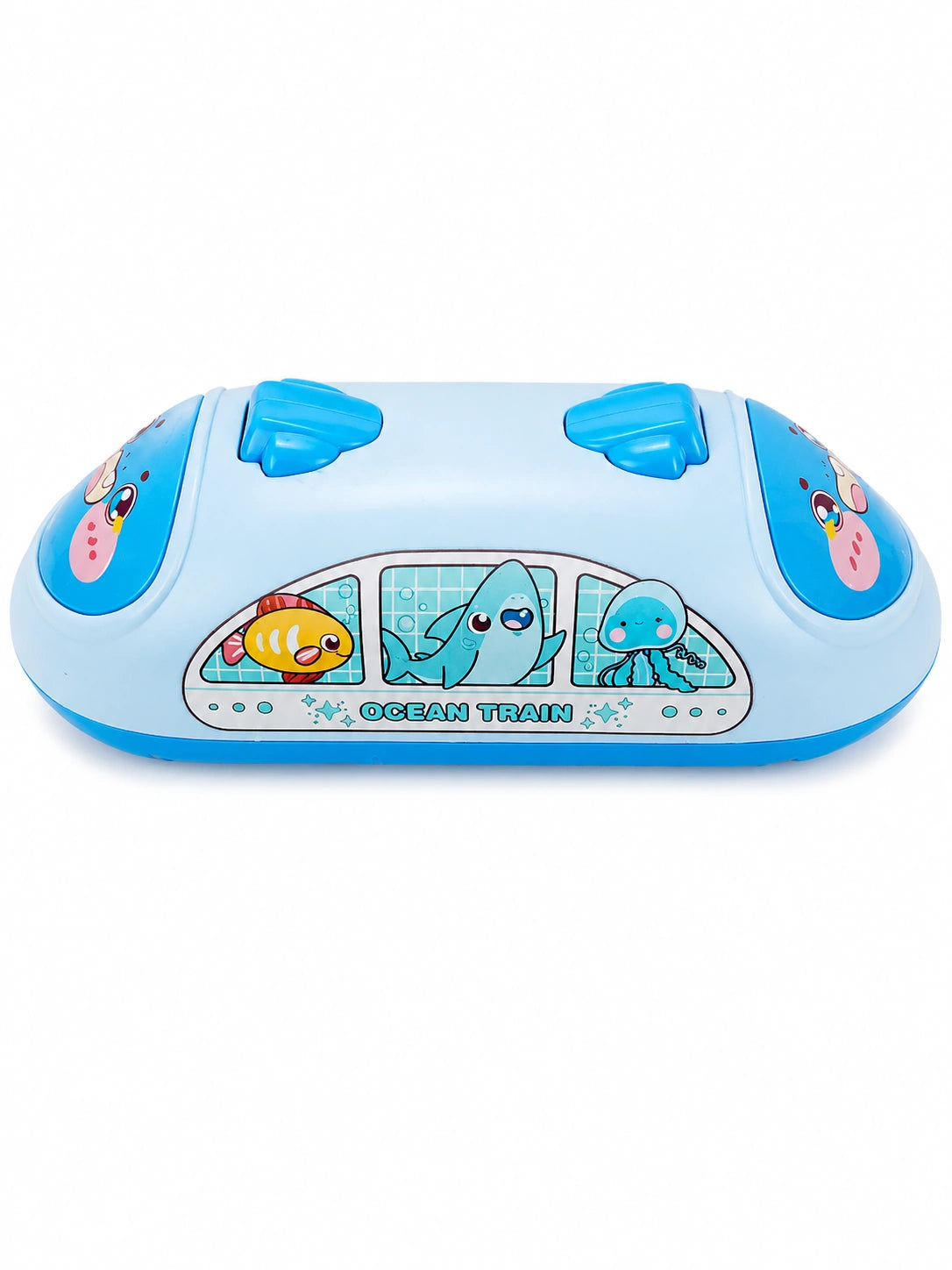 Cute metro train friction toy for kids on white background with cartoon ocean theme design