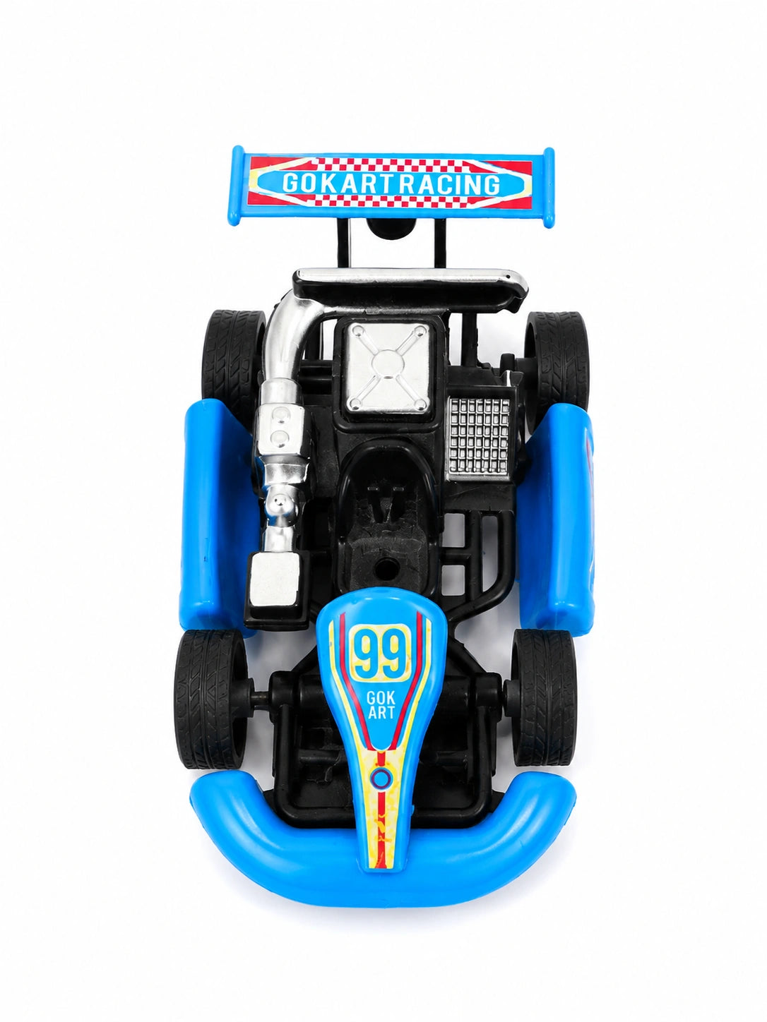 Blue and black go kart racing toy car with sporty design on white background