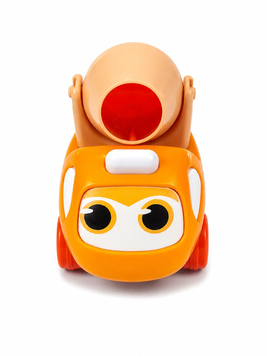 Cute cartoon mixer truck toy for kids in random colors on white background