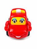 Funny cartoon toy car with moving eyes, hands, and tongue action on white background