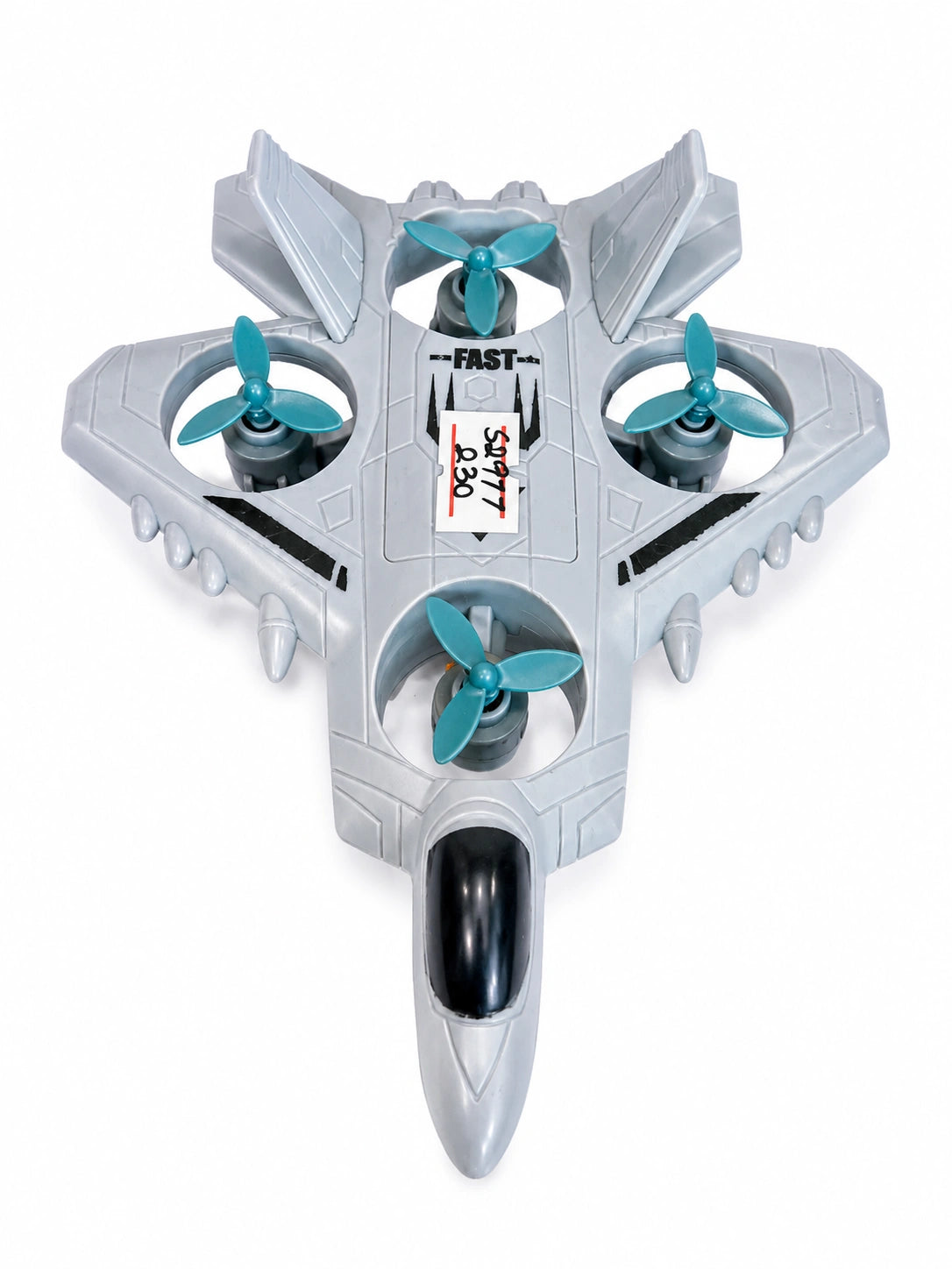 Grey mini fighter jet toy with spinning propellers for kids on white background from Toy Trendz JJR Mart