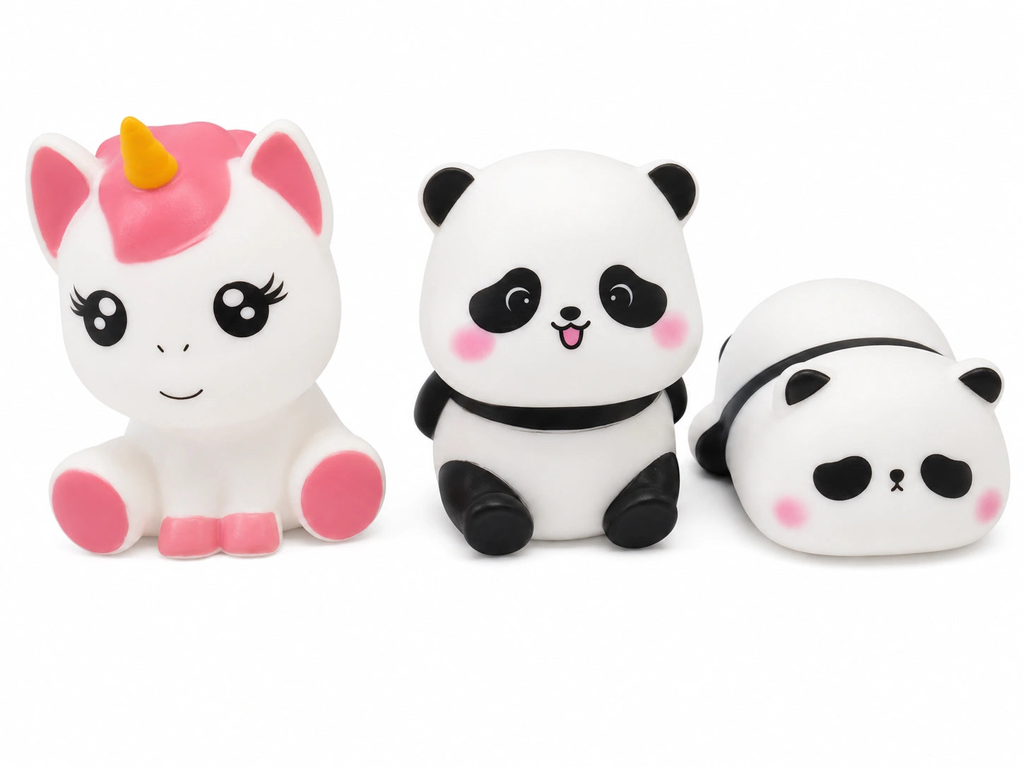 Cute panda and unicorn squishy toys for kids on white background from Toy Trendz JJR Mart