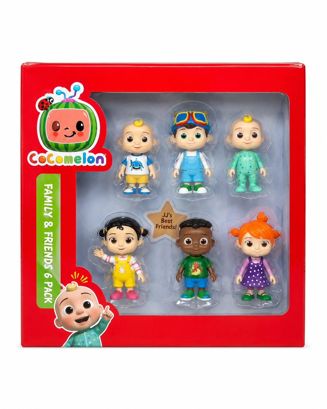 Cocomelon Family & Friends 6 Pack kids toy figure set with colorful characters in premium red box packaging on white background.
