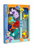 Colorful Dino UFO Gun Battle toy set with spinning flying discs and dinosaur launcher toys in premium box packaging on white background.