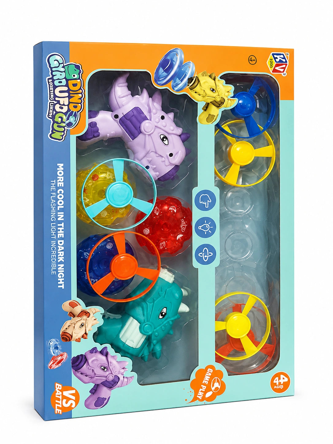 Colorful Dino UFO Gun Battle toy set with spinning flying discs and dinosaur launcher toys in premium box packaging on white background.