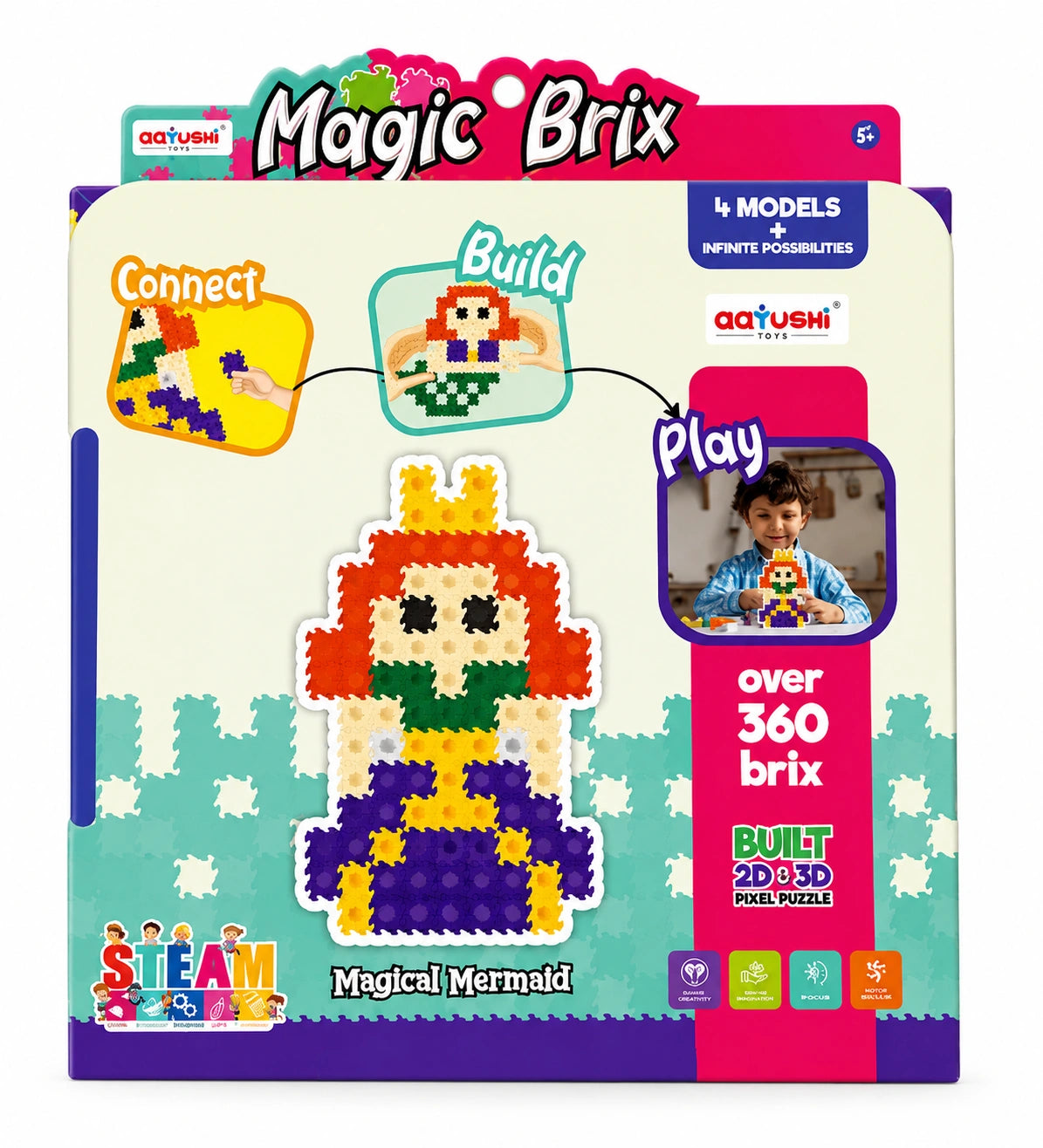 Magic Brix Magical Mermaid pixel puzzle toy set with colorful creative building blocks in premium educational box packaging on white background.