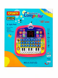 Educational computer learning toy for kids with colorful keyboard, piano keys, LED screen and interactive learning features in premium box packaging on white background.