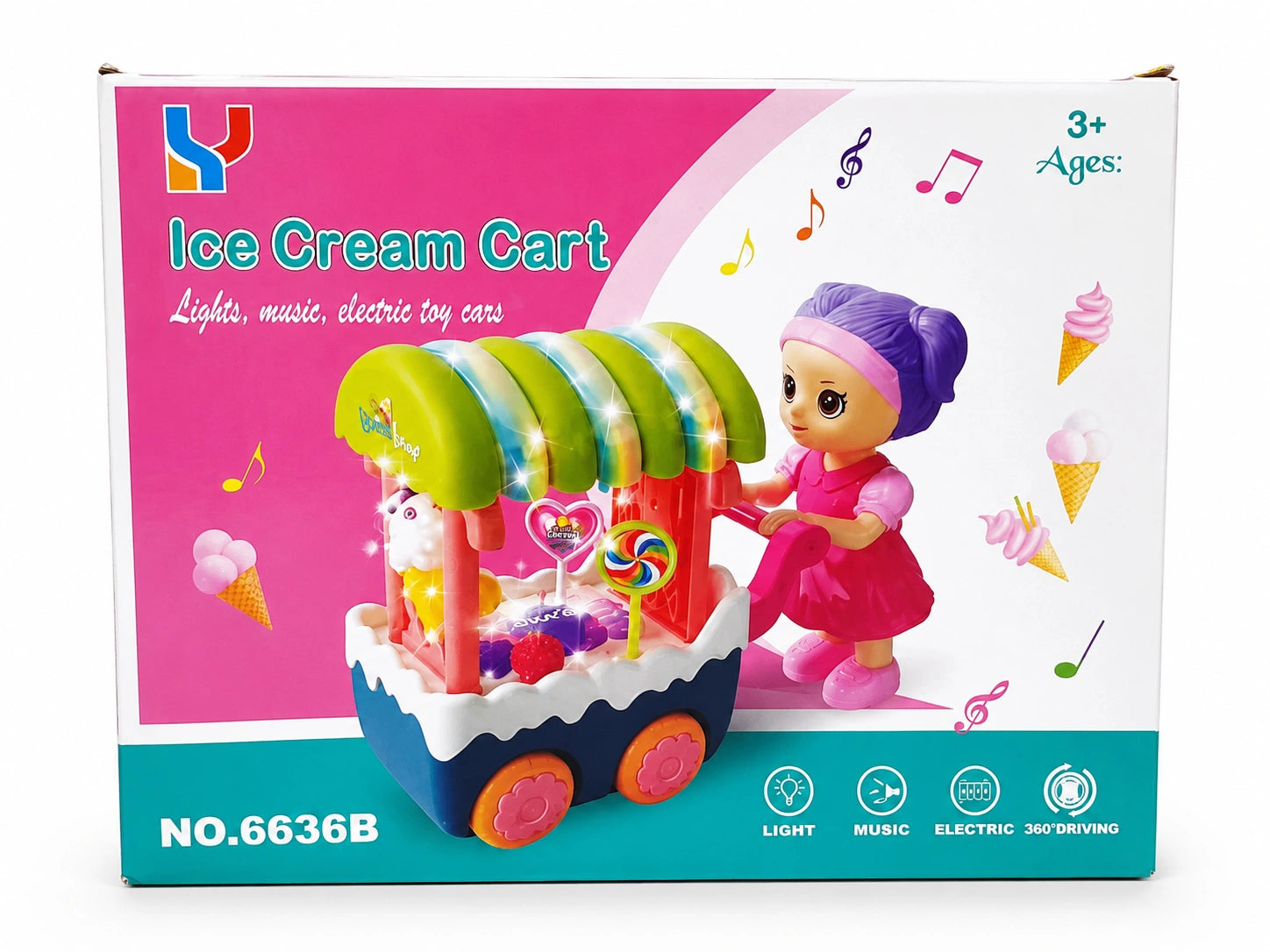 Colorful Ice Cream Cart toy for kids with lights, music, electric movement, and 360-degree driving action, suitable for children aged 3 years and above.