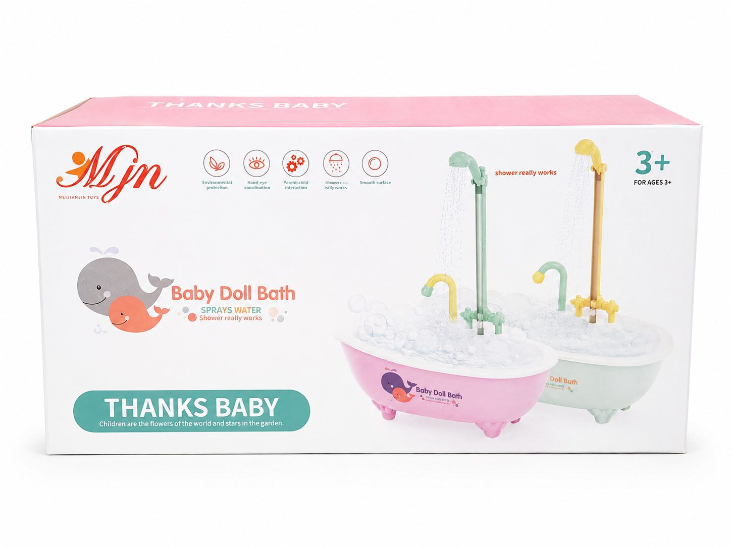 Thanks Baby Baby Doll Bath play set with working shower spray, bathtub accessories, and pretend bath play for kids aged 3 years and above.