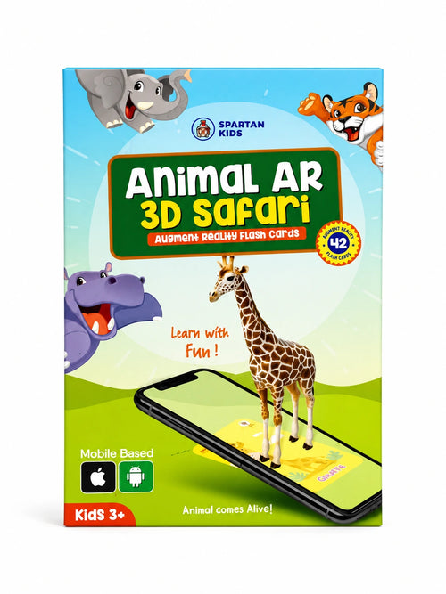 Animal AR 3D Safari augmented reality flash cards with 42 animal cards, mobile app support, and interactive 3D learning experience for kids.