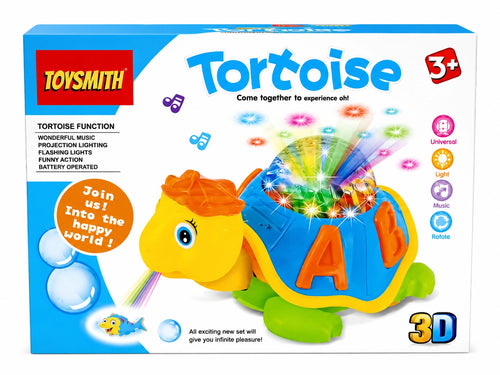 Colorful 3D Tortoise toy with projection lights, music, rotating movement, flashing LED lights, and battery-operated fun for kids aged 3 years and above.