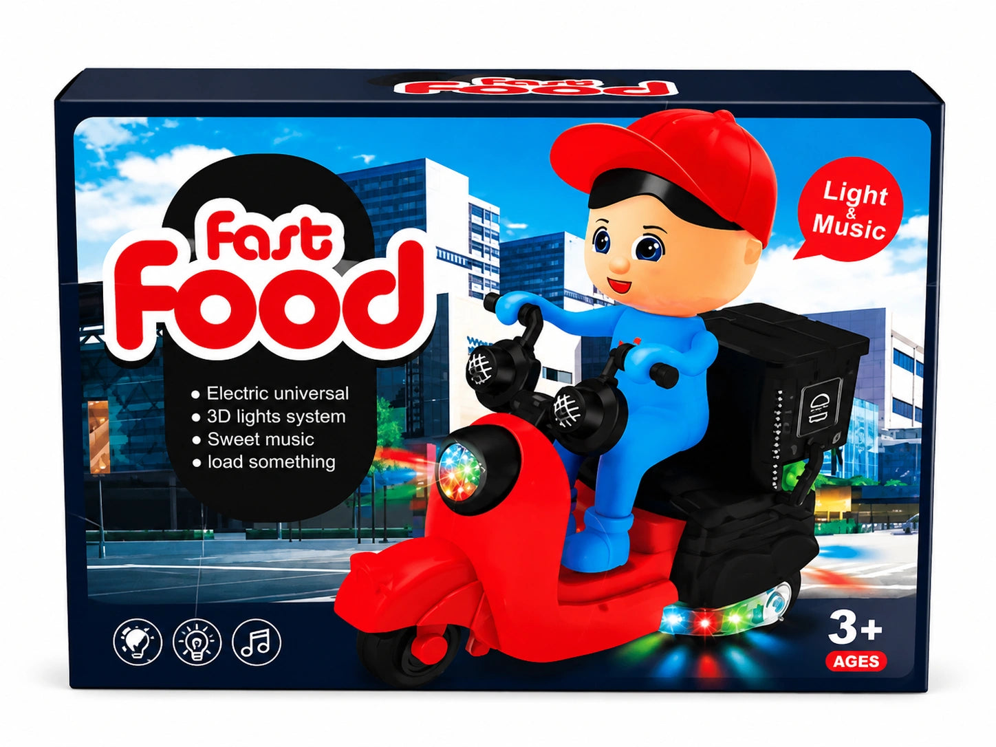 Fast Food delivery scooter toy with lights, music, rotating movement, colorful LED effects, and cartoon rider design for kids aged 3 years and above.