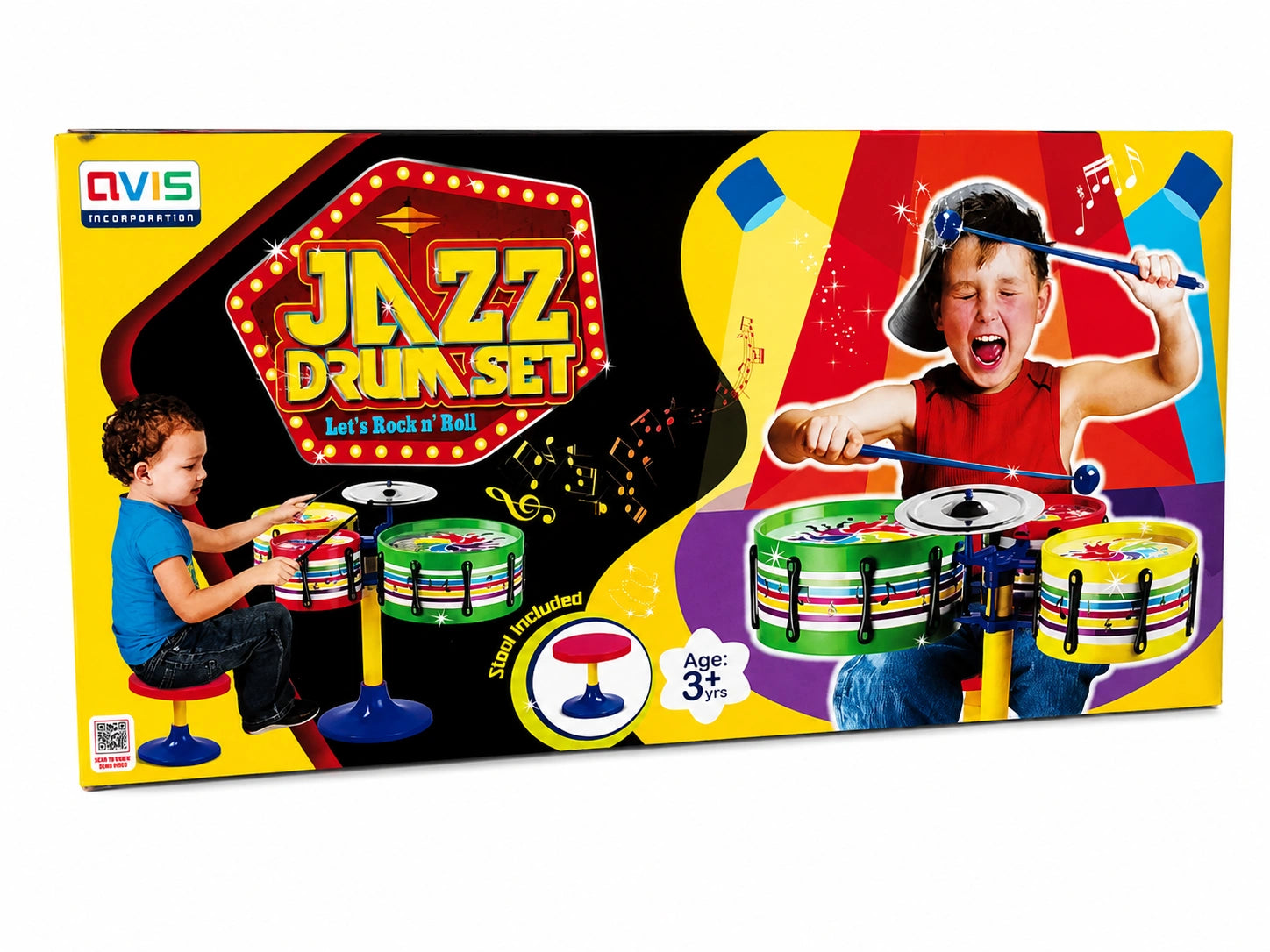Jazz Drum Set toy for kids with colorful drums, stool, drumsticks, and musical play features for children aged 3 years and above.