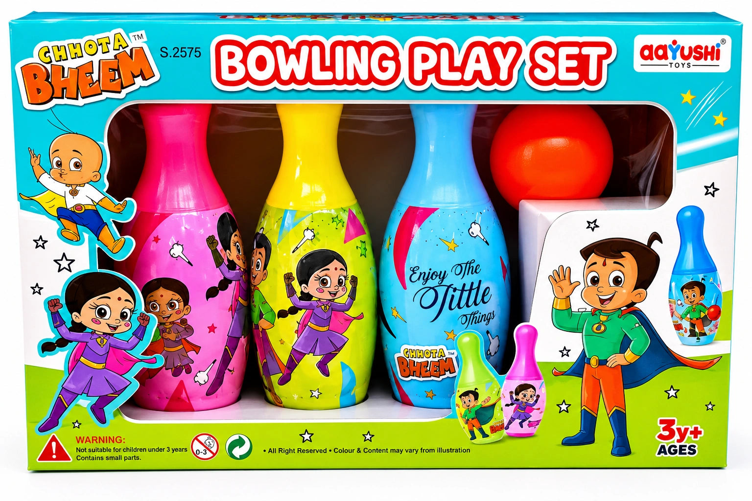 Chhota Bheem Bowling Play Set with colorful bowling pins and ball for kids aged 3 years and above.