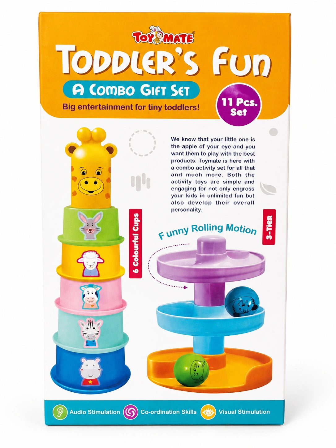 Toymate Toddler's Fun Combo Gift Set with colorful stacking cups and rolling ball track toy for toddlers.