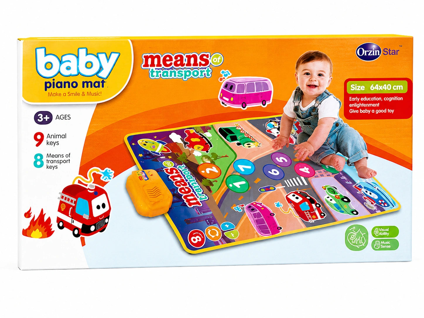 Baby Piano Mat musical floor play mat with transport sounds, piano keys, colorful learning activities, and educational play for kids aged 3 years and above.