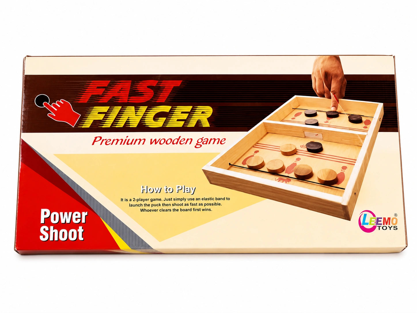 Fast Finger premium wooden tabletop game with wooden pucks, elastic launcher, and two-player competitive gameplay.