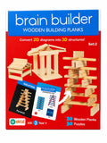 Brain Builder Wooden Building Planks Set 2 educational construction toy with 20 wooden planks and 30 puzzle challenges for kids.