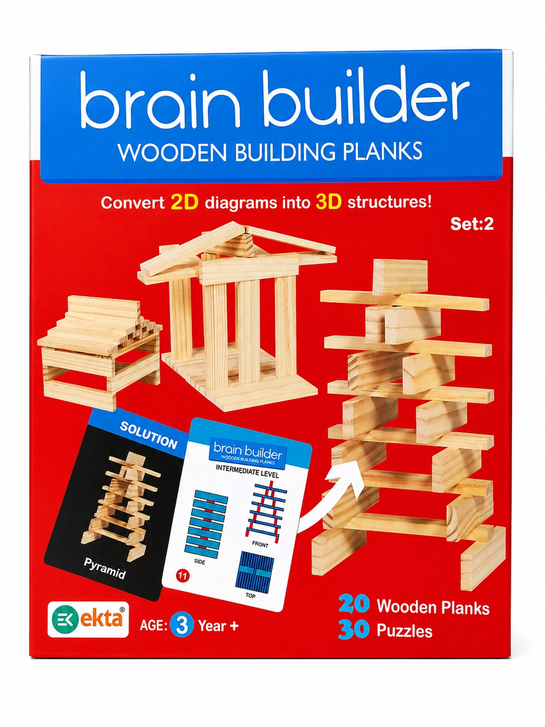 Brain Builder Wooden Building Planks Set 2 educational construction toy with 20 wooden planks and 30 puzzle challenges for kids.