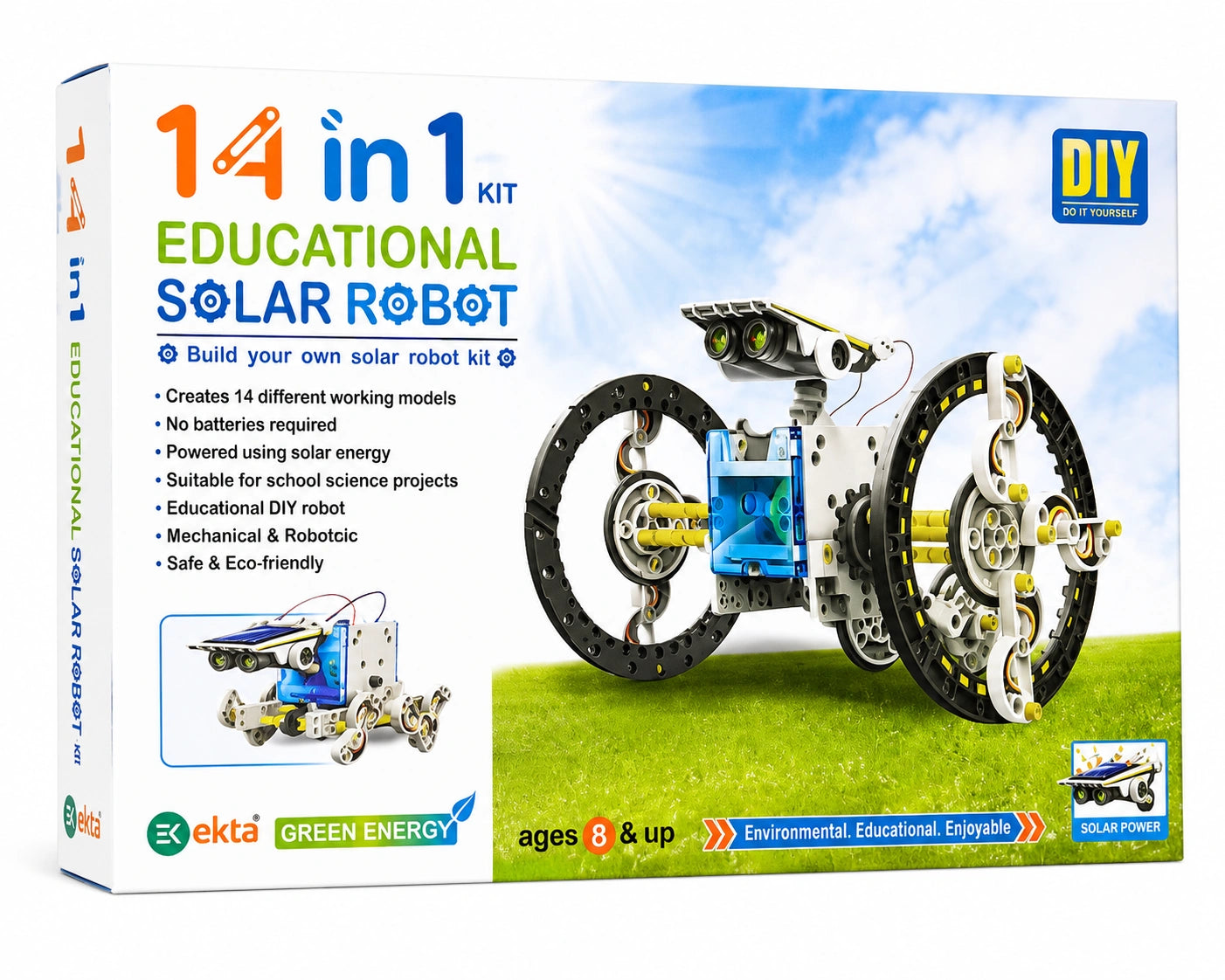 14-in-1 Educational Solar Robot DIY kit with solar-powered robot models, STEM learning activities, and hands-on robotics construction for kids aged 8 years and above.