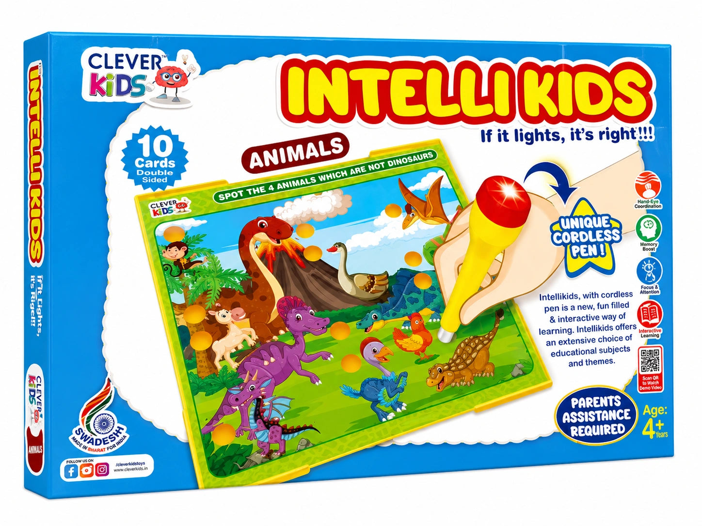 Intellikids Animals educational learning game with cordless interactive pen, animal activity cards, and skill-building activities for kids aged 4 years and above.