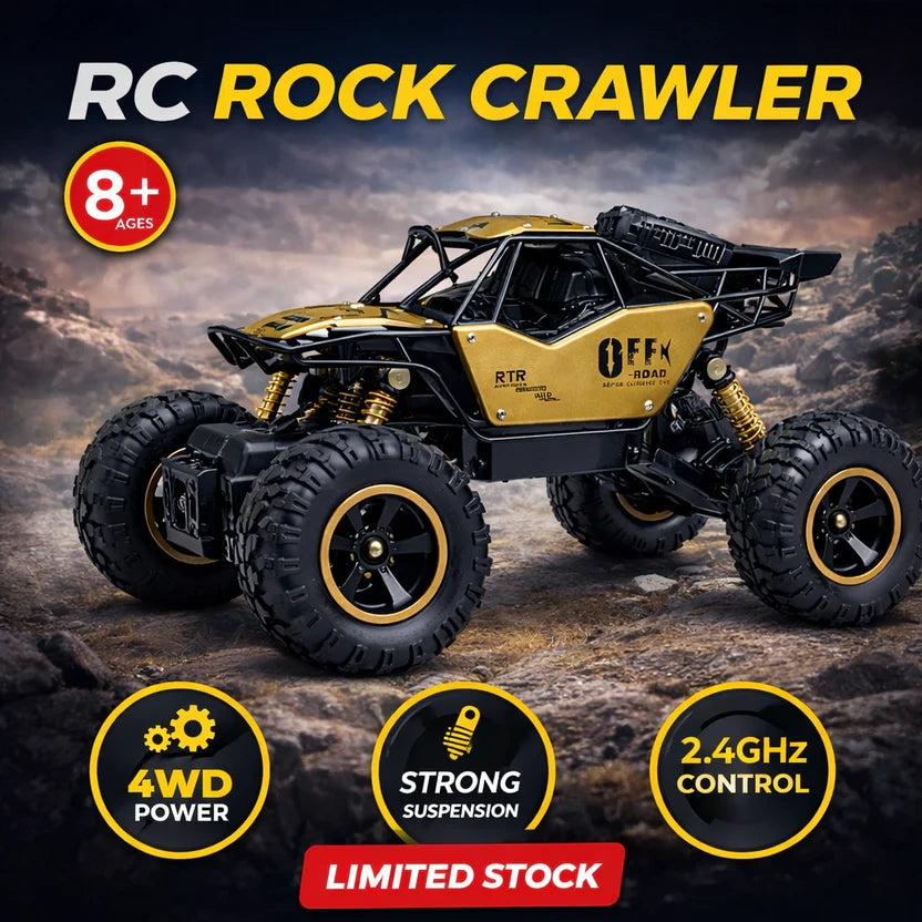 Rock Climber RC Buggy off-road remote control vehicle with large tyres, shock absorbers and 2.4GHz controller.