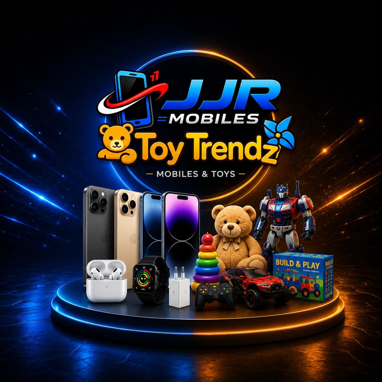 JJR Mobiles & Toy Trendz hero banner featuring latest mobiles, accessories, toys and gaming products with premium futuristic background.