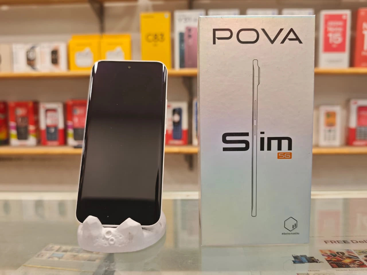 TECNO POVA Slim 5G Sky Blue smartphone front and back view with curved AMOLED display and dual camera setup at JJR Mobiles JJRMart.