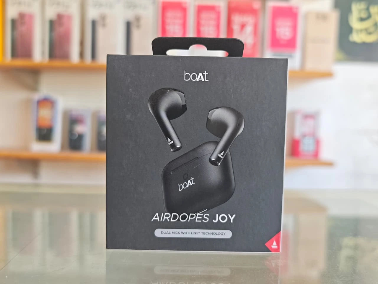 boAt Airdopes Joy black wireless earbuds box displayed at JJR Mobiles showroom