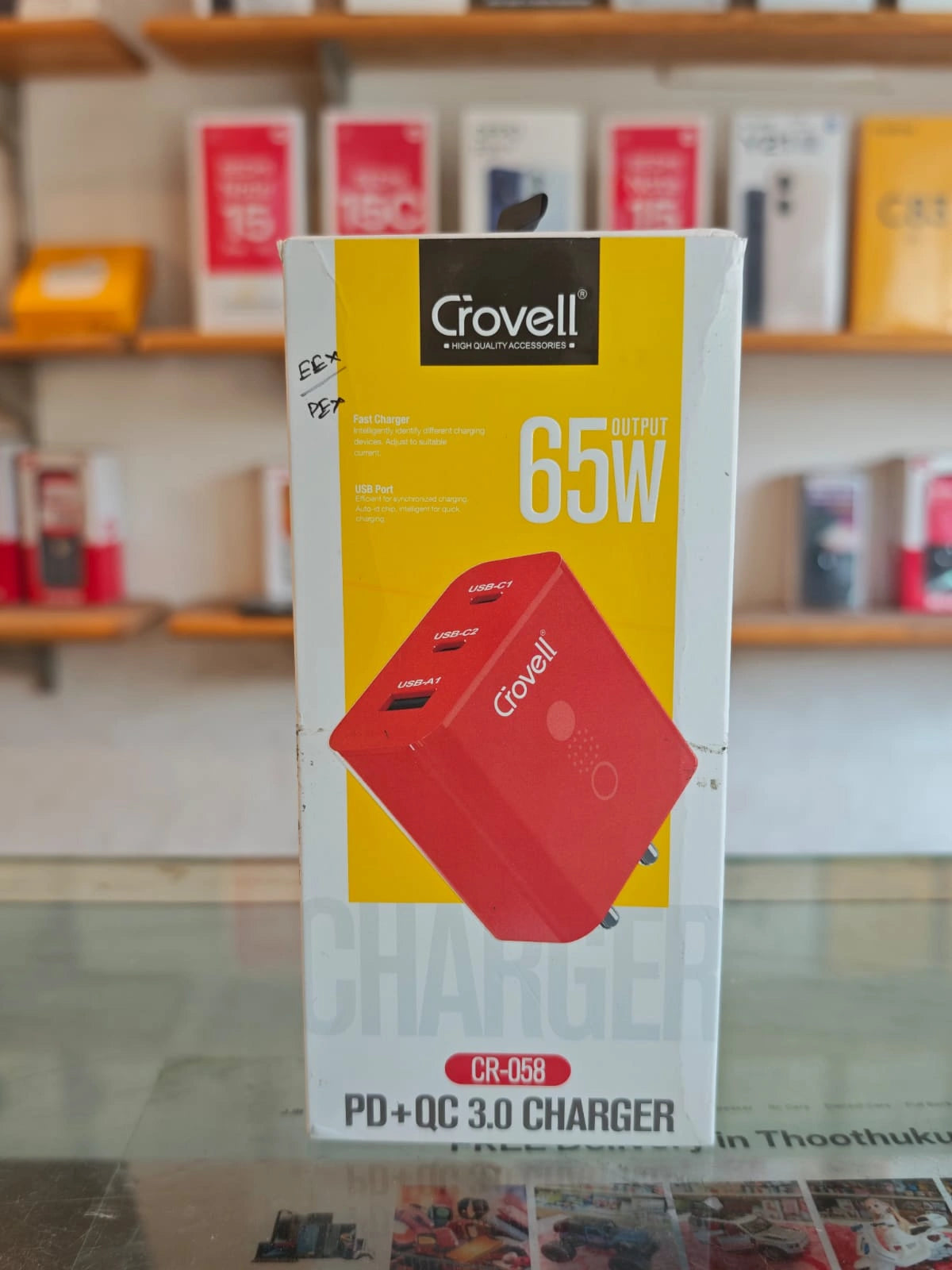 Crovell 65W PD QC 3.0 fast charger USB Type C wall adapter at JJR Mart