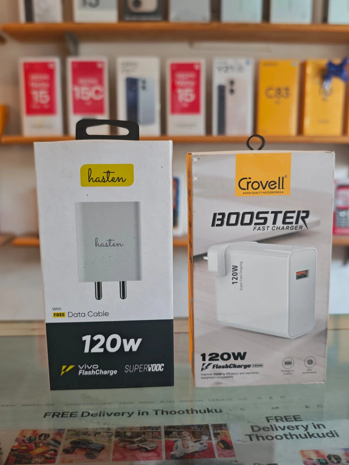 Hasten 120W Vivo FlashCharge and Crovell Booster 120W fast chargers at JJR Mart