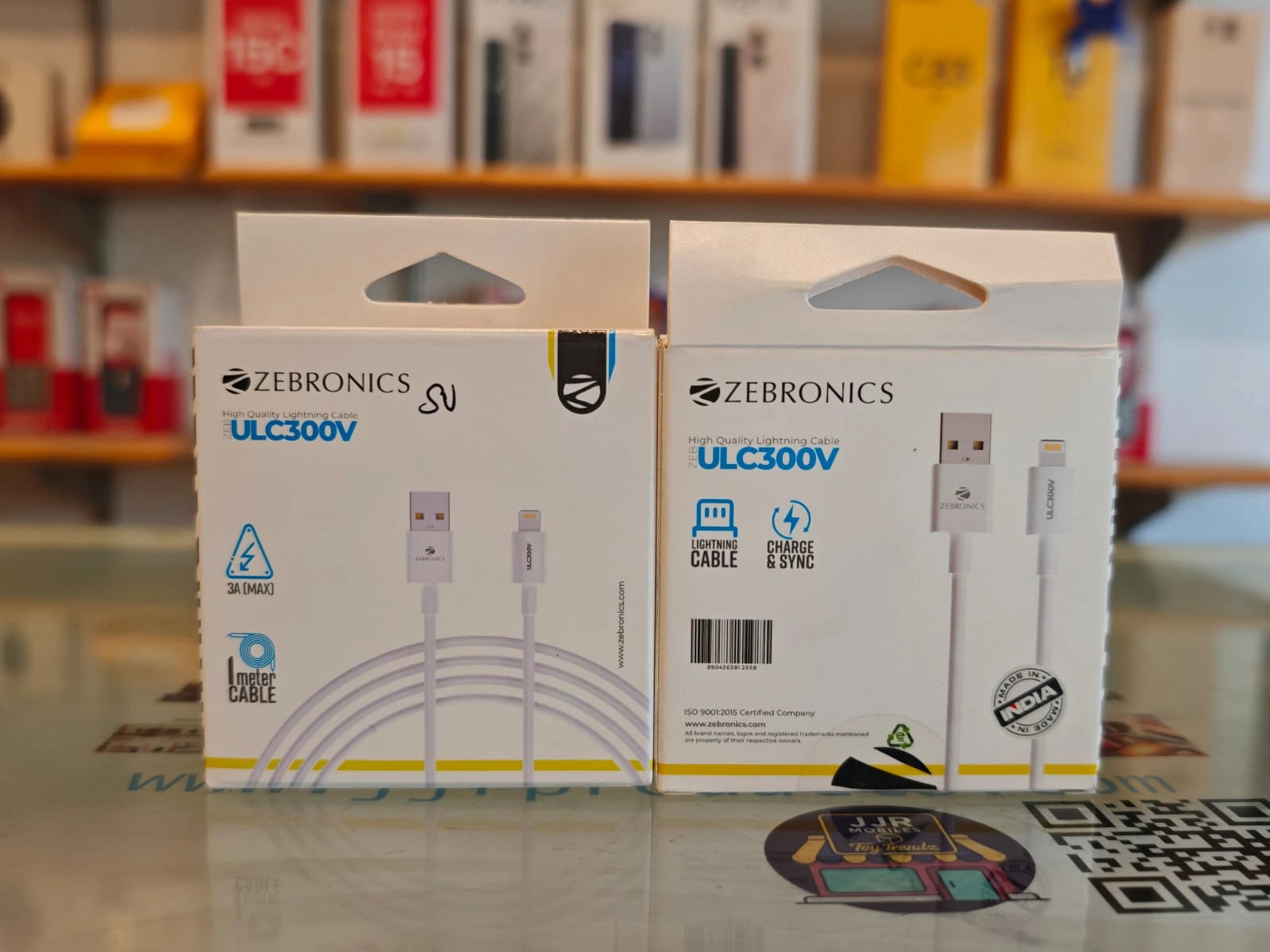 Zebronics ZEB-ULC300V Lightning cable with 3A fast charging, 1 meter length, and charge & sync support for iPhone and iPad.