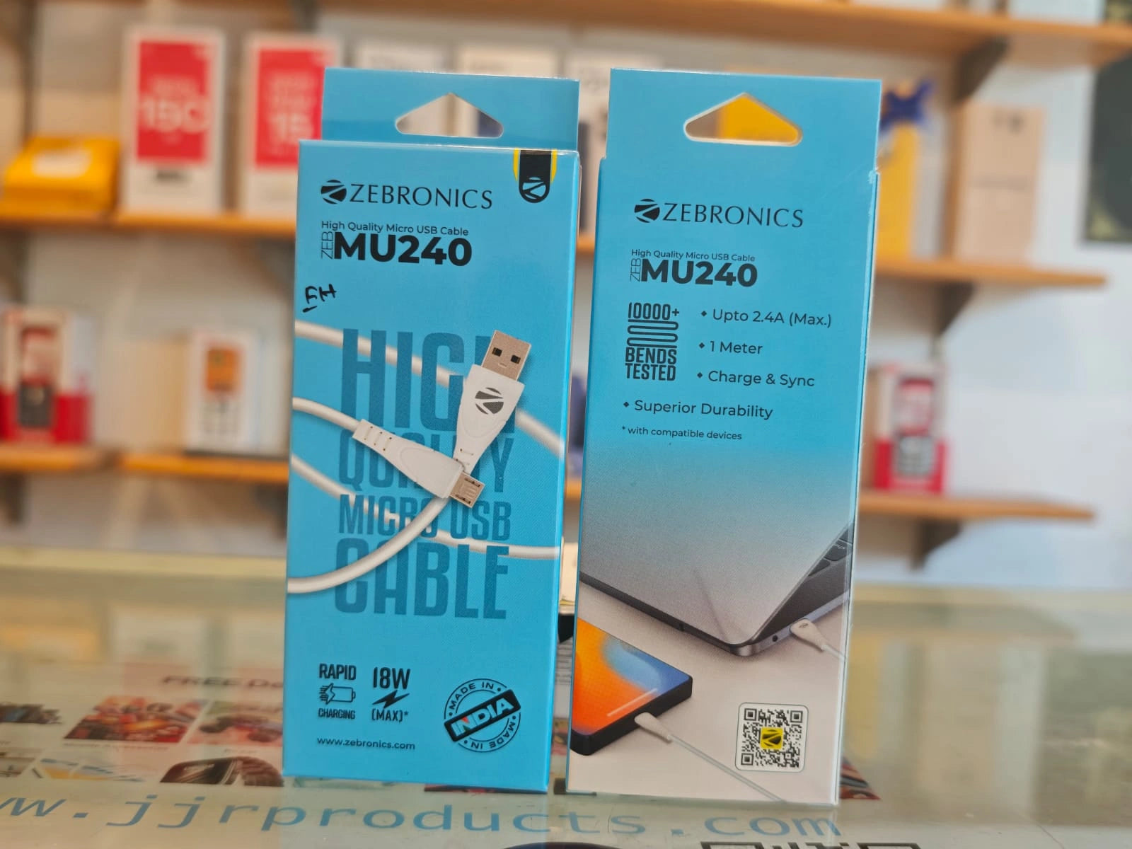 Zebronics ZEB-MU240 Micro USB cable with 18W rapid charging, 1 meter length, 2.4A output, and charge & sync support.