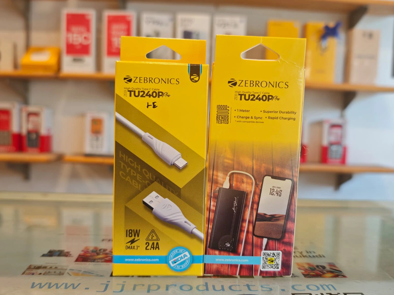 Zebronics ZEB-TU240P USB to Type-C cable with 18W fast charging, 2.4A output, charge and sync support, and 1 meter length.