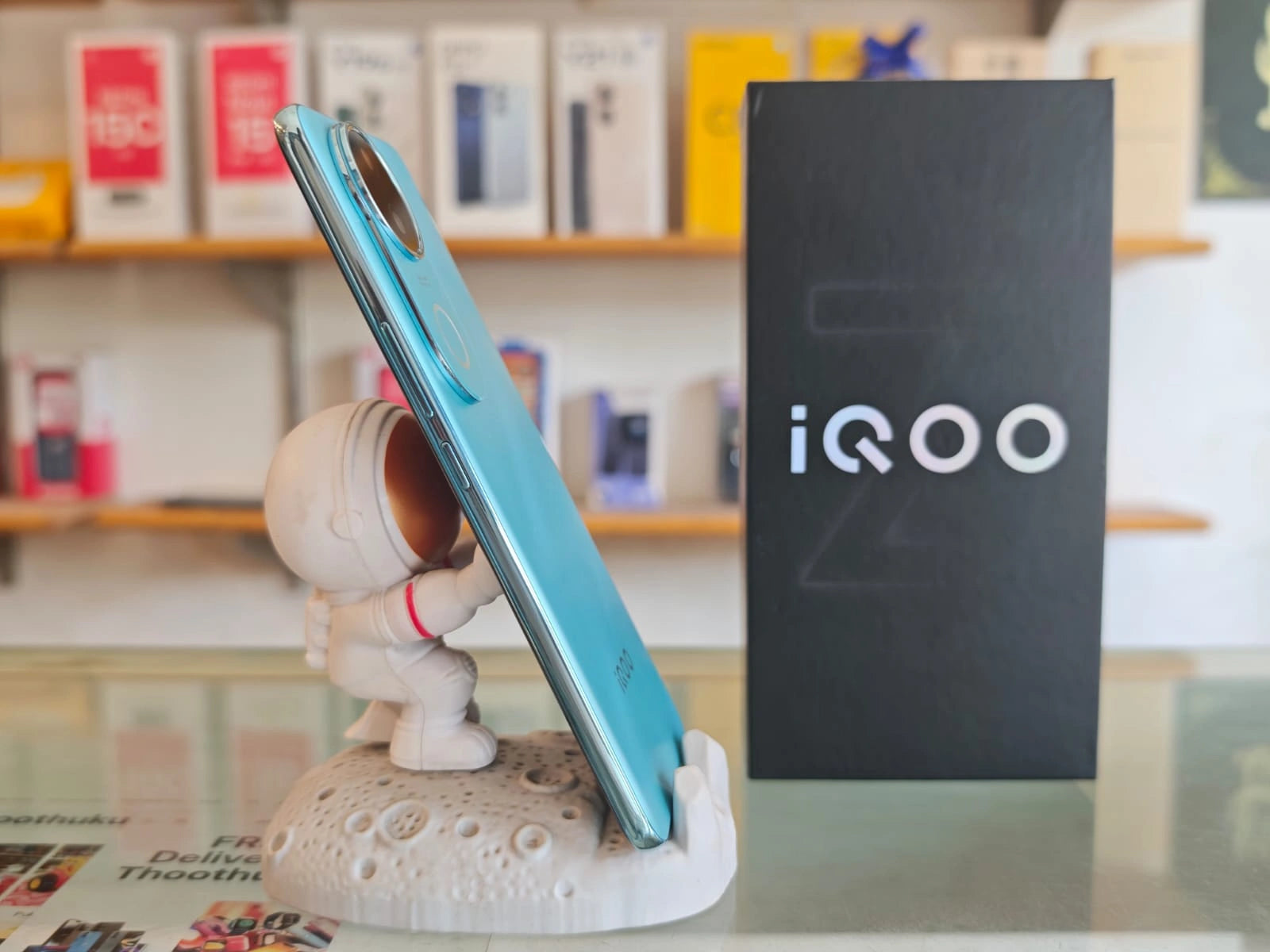 iQOO Z10R 5G Aquamarine smartphone with 120Hz quad-curved AMOLED display, Dimensity 7400 processor, 50MP Sony OIS camera, and 5700mAh battery at JJR Mobiles.