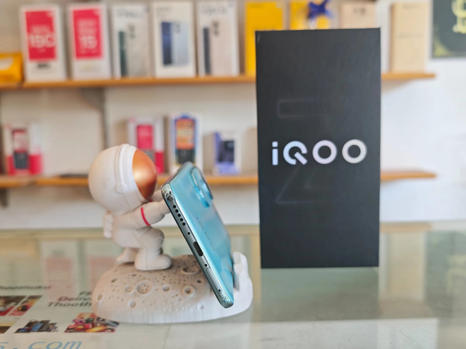iQOO Z10R 5G Aquamarine smartphone with 120Hz quad-curved AMOLED display, Dimensity 7400 processor, 50MP Sony OIS camera, and 5700mAh battery at JJR Mobiles.