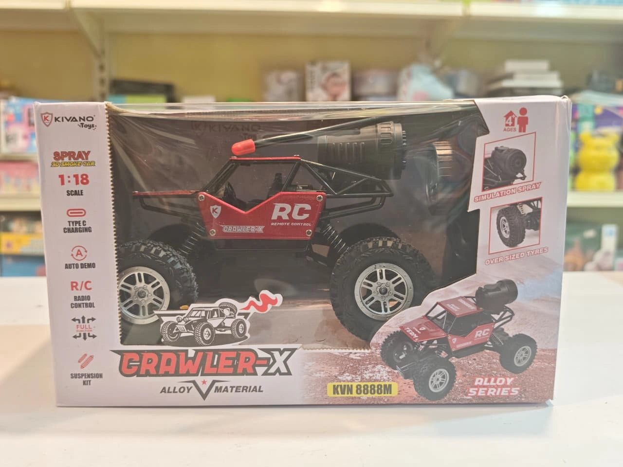 Kivano Crawler-X 1:18 Scale RC Rock Crawler Car with spray smoke effect, alloy body, oversized off-road tyres, suspension system and remote control available at Toy Trendz by JJR Mart Thoothukudi.