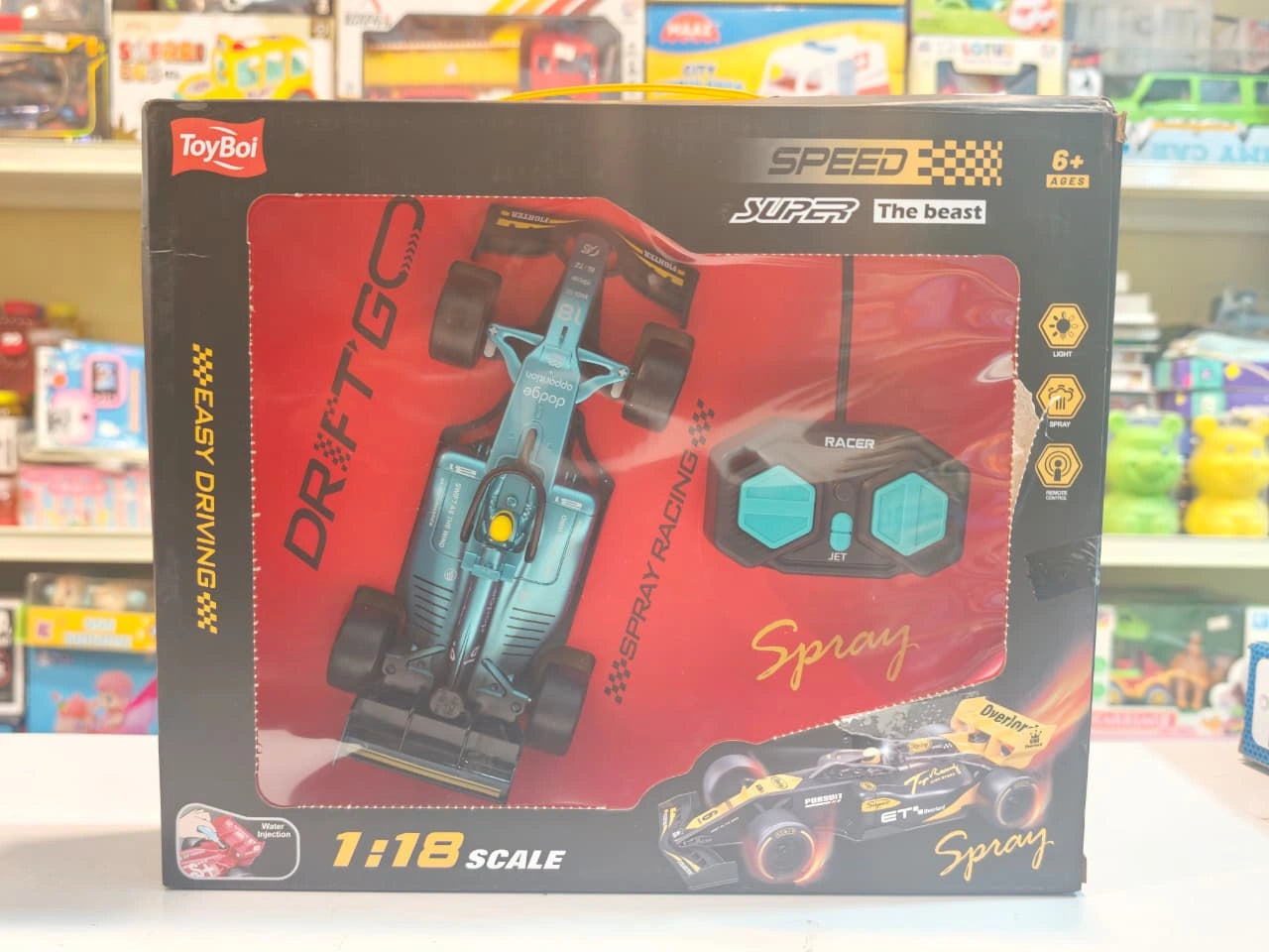 ToyBoi 1:18 Scale Formula Style RC Racing Car with spray smoke effect, LED lights, remote control and rechargeable battery available at Toy Trendz by JJR Mart Thoothukudi.