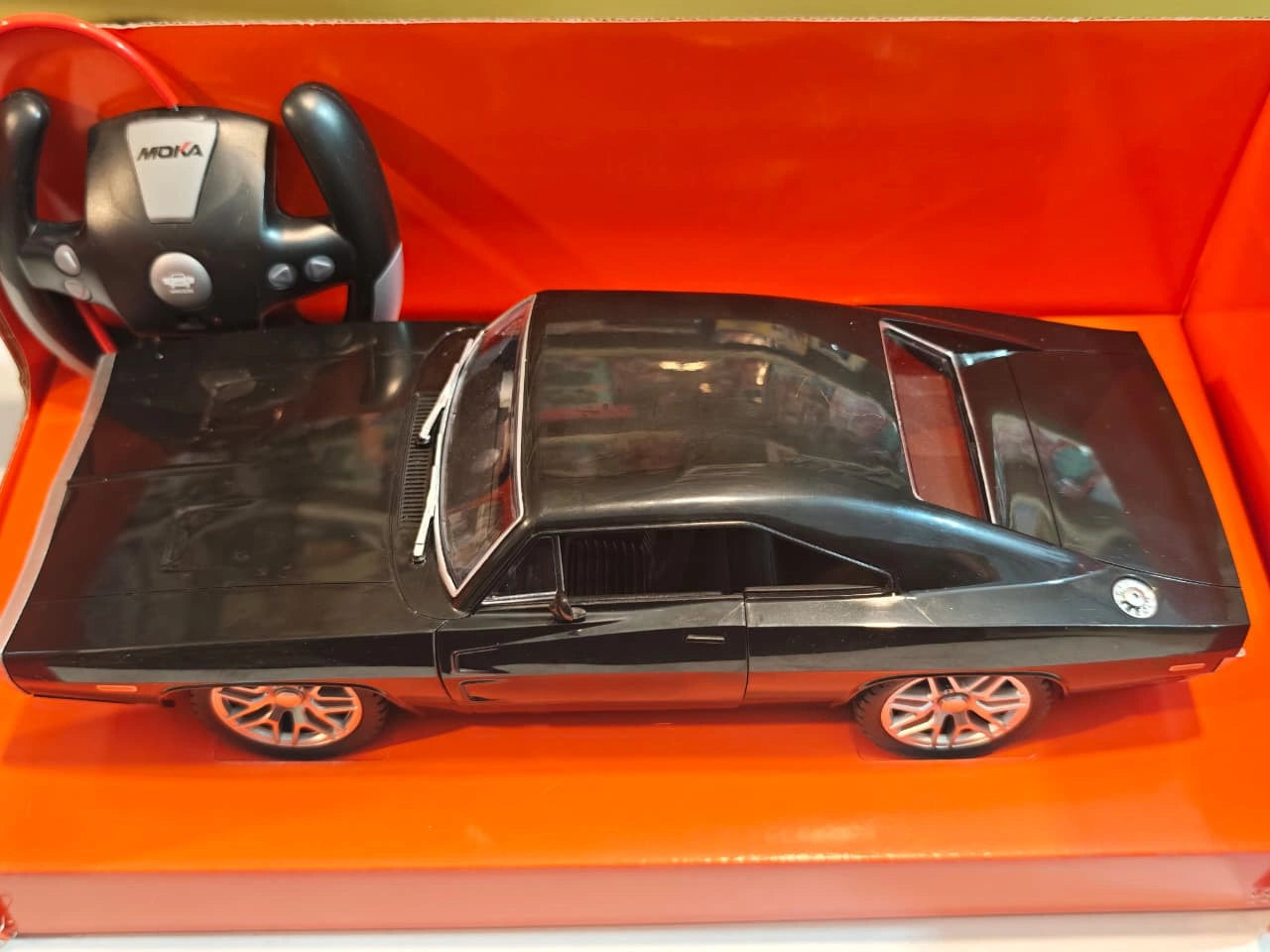 MoKa Classic Muscle RC Car with steering wheel remote controller, opening doors, LED lights and realistic vintage muscle car design available at Toy Trendz by JJR Mart Thoothukudi.