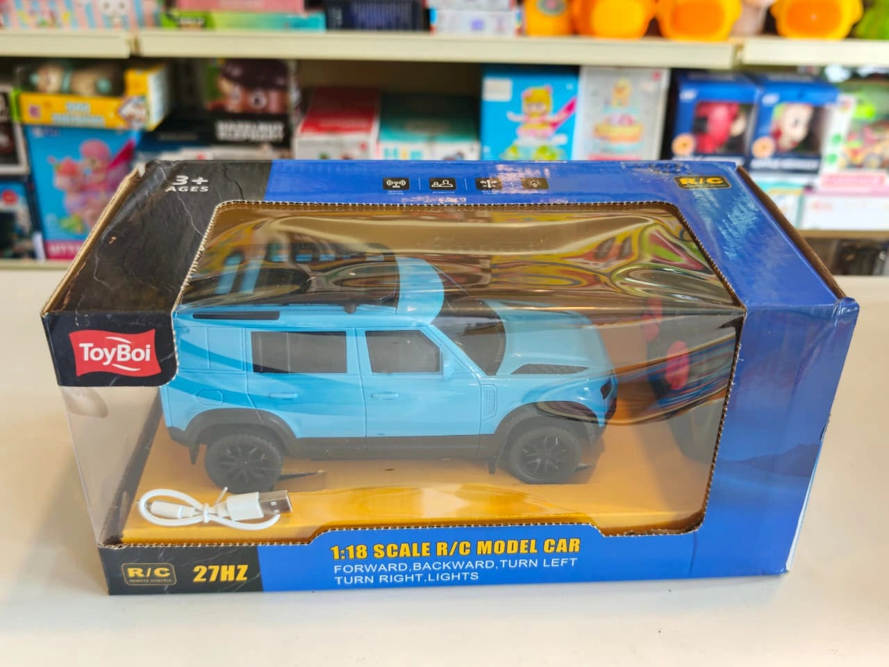 ToyBoi RC Adventure SUV Blue 1:18 scale remote control model car with realistic SUV styling, LED lights, roof carrier and easy-to-use controller available at Toy Trendz by JJR Mart Thoothukudi.