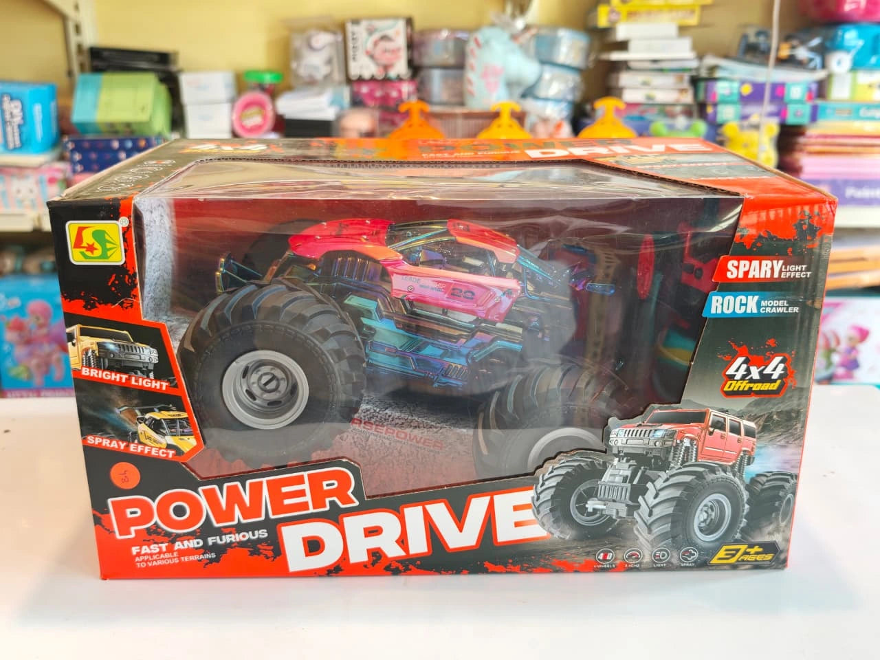 Power Drive RC Monster Truck with oversized off-road tyres, spray mist effect, LED lights and wireless remote controller available at Toy Trendz by JJR Mart Thoothukudi.