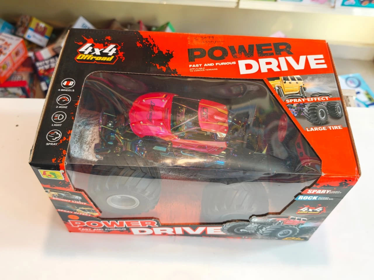 Power Drive RC Monster Truck with oversized off-road tyres, spray mist effect, LED lights and wireless remote controller available at Toy Trendz by JJR Mart Thoothukudi.